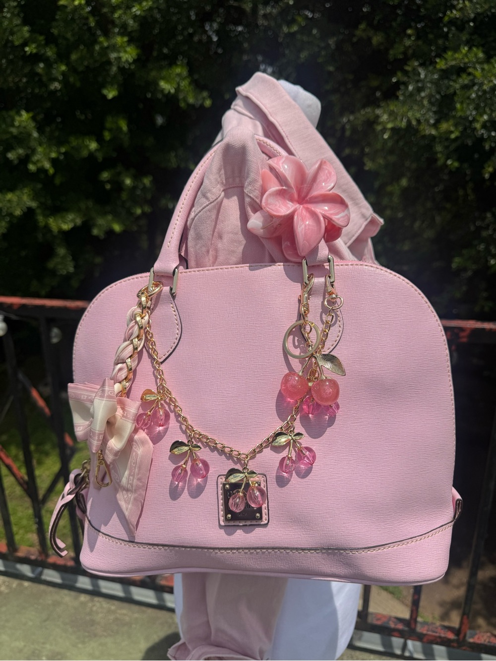 Dooney & Bourke Pink Dome Satchel with Cherry Charm Chain